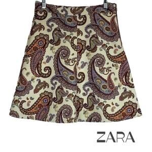 ZARA Cream Brown Paisley Fit & Flare Skirt Size M